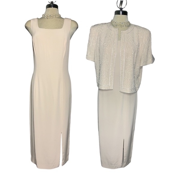 Montage Collection Luxury Beige Beaded Embellished Formal Dress & Jacket S 14 - Picture 3 of 17